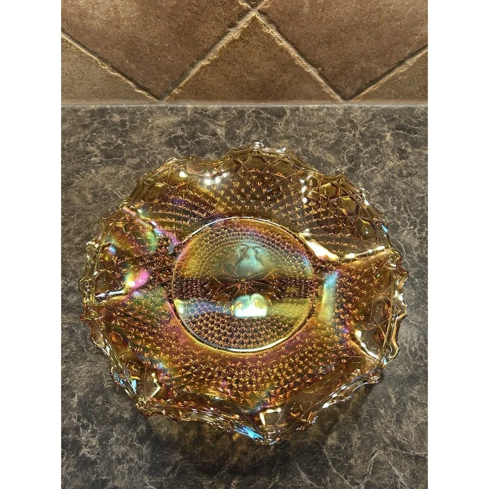 Vintage Indiana Carnival Glass Bowl Amber Marigold Scalloped Dish Iridescent 10